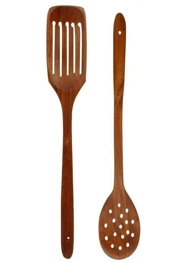 PGD Rosewood Wooden Slotter (13 inch) & Skimmer (15 inch) ladle Spatula flip for Deep Frying & Grilling - Image 1